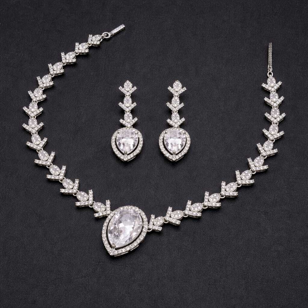 Silver CZ Diamond Teardrop Necklace & Earring Set