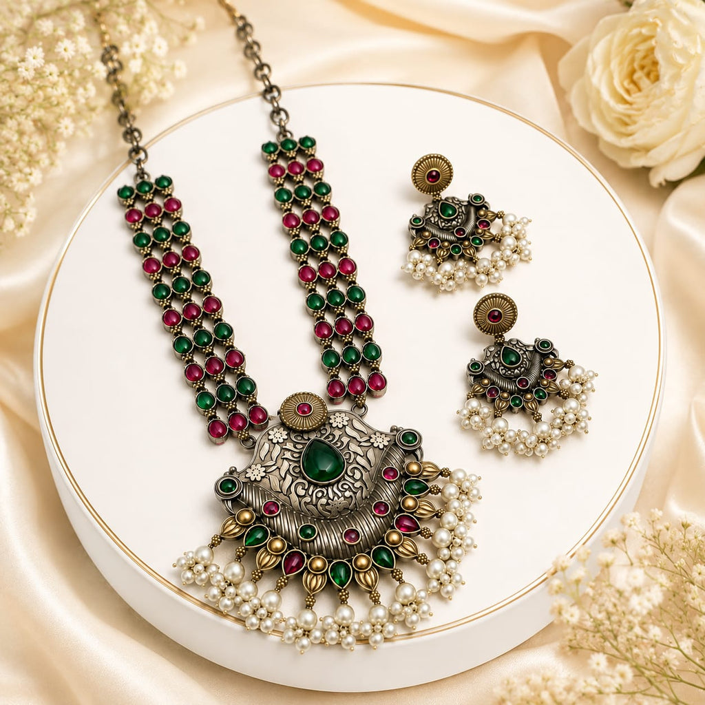 Oxidised Dual Tone Ruby & Emerald Gemstone Long Necklace Set with Jhumka Earrings
