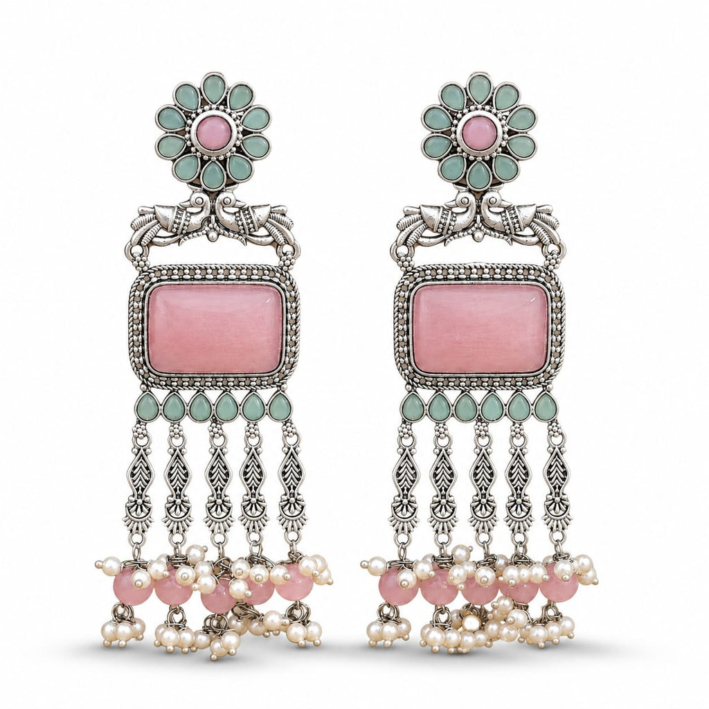 Oxidised Silver Peacock Chandbali with Rose Quartz & Mint Pearl Drops