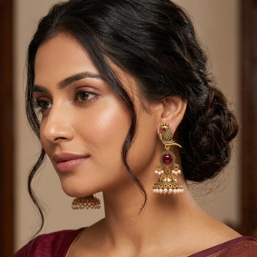 Antique Gold Parrot Jhumka Earrings with Ruby Red Stone & Pearl Drops