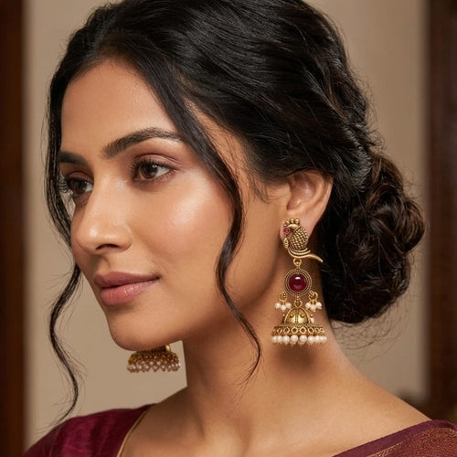 Antique Gold Parrot Jhumka Earrings with Ruby Red Stone & Pearl Drops