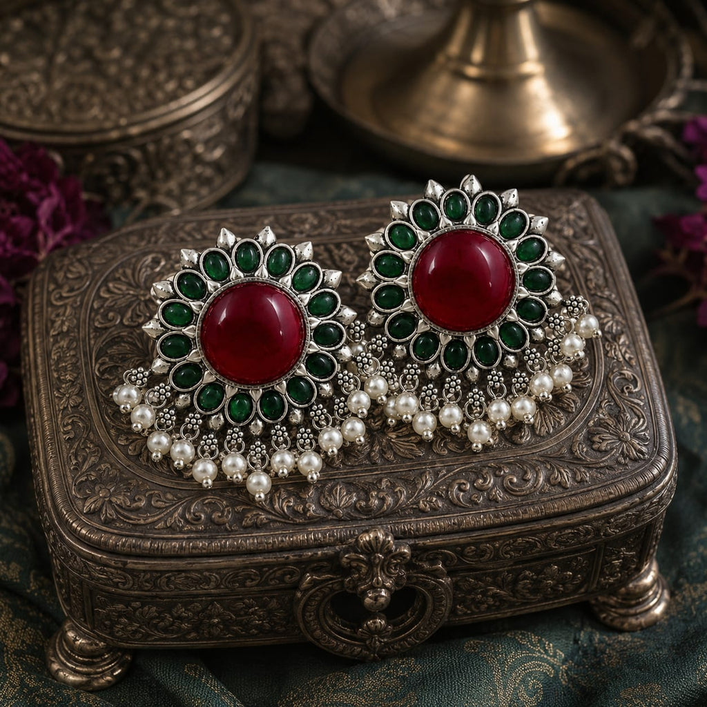 Oxidised Silver Floral Stud Earrings with Ruby, Emerald & Pearl Drops