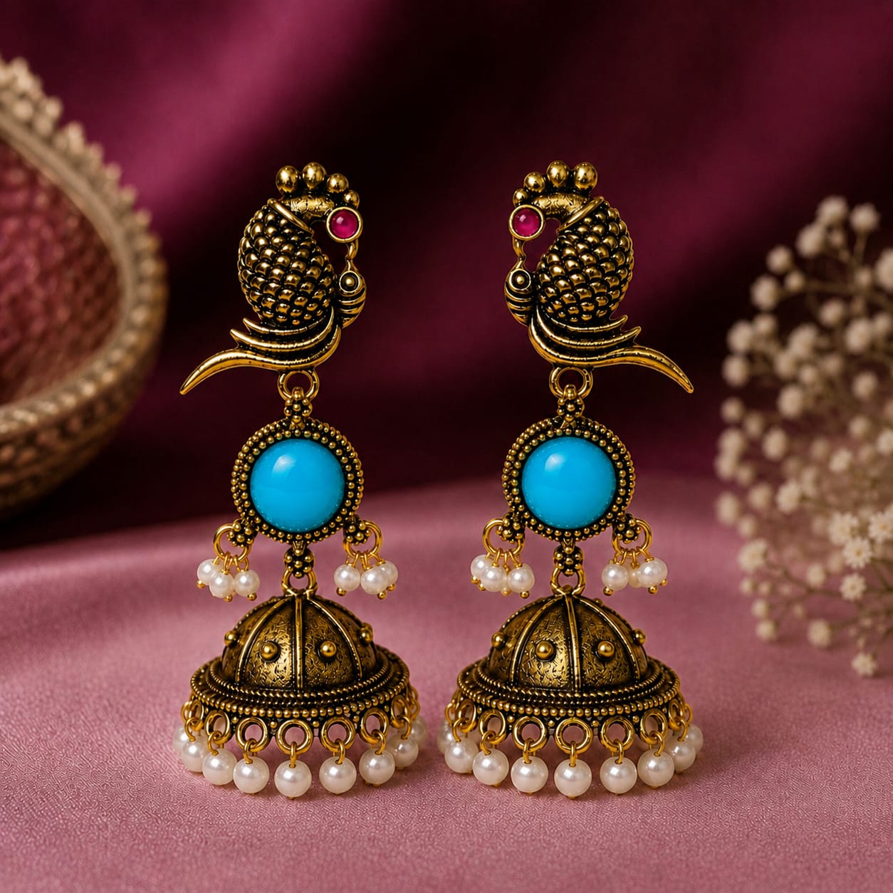 Antique Gold Parrot Jhumka Earrings with Turquoise Stone & Pearl Drops