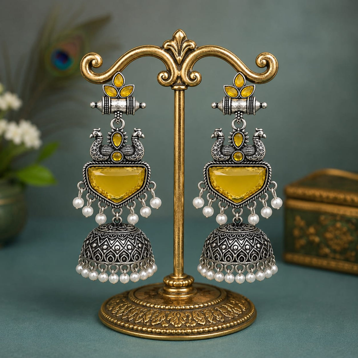 Oxidised Silver Peacock Jhumka with Yellow Citrine Stones & Pearl Drops