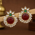 Gold Tone Kundan Stud Earrings with Ruby Centre & Pearl Cluster