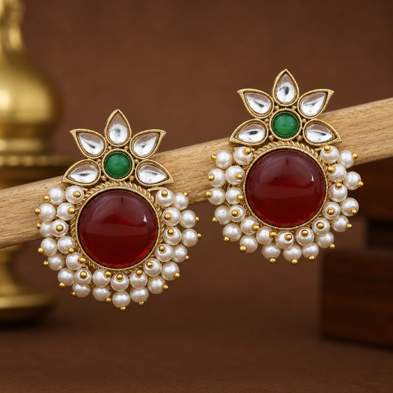 Gold Tone Kundan Stud Earrings with Ruby Centre & Pearl Cluster