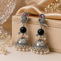 Oxidised Silver Parrot Jhumka Earrings with Black Stone & Pearl Drops