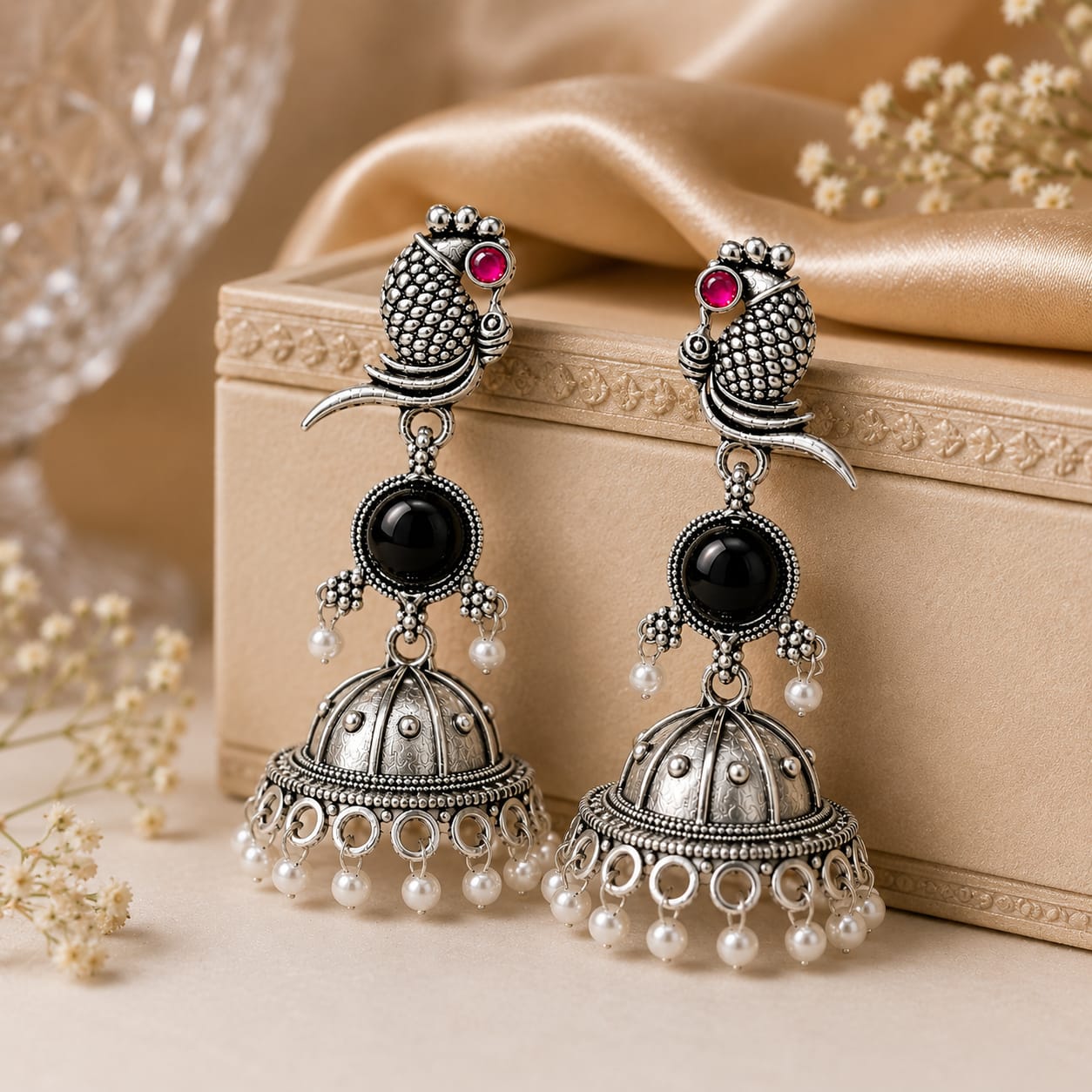 Oxidised Silver Parrot Jhumka Earrings with Black Stone & Pearl Drops