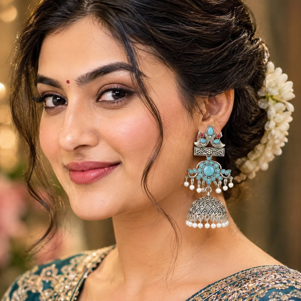 Turquoise Peacock Jhumka Earrings in Oxidised Silver