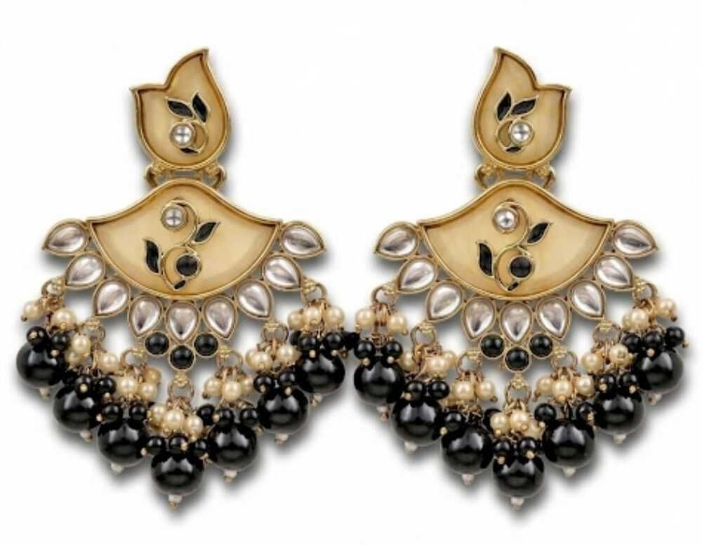 Kundan Chandbali Earrings with Black Onyx Beads & Pearl Drops