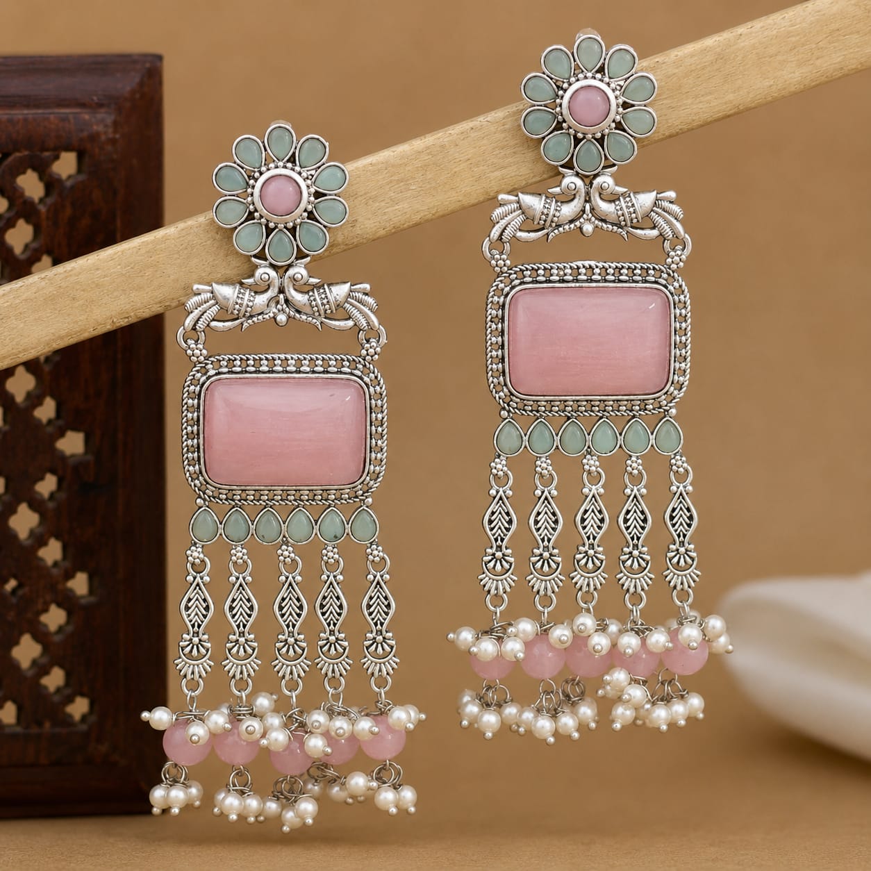 Oxidised Silver Peacock Chandbali with Rose Quartz & Mint Pearl Drops