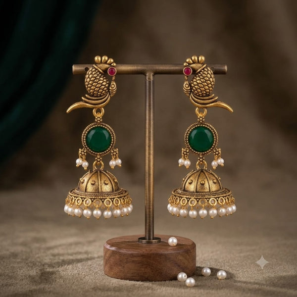 Antique Gold Parrot Jhumka Earrings with Green Stone & Pearl Drops