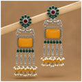 Oxidised Silver Peacock Chandbali with Yellow Onyx & Pearl Drops