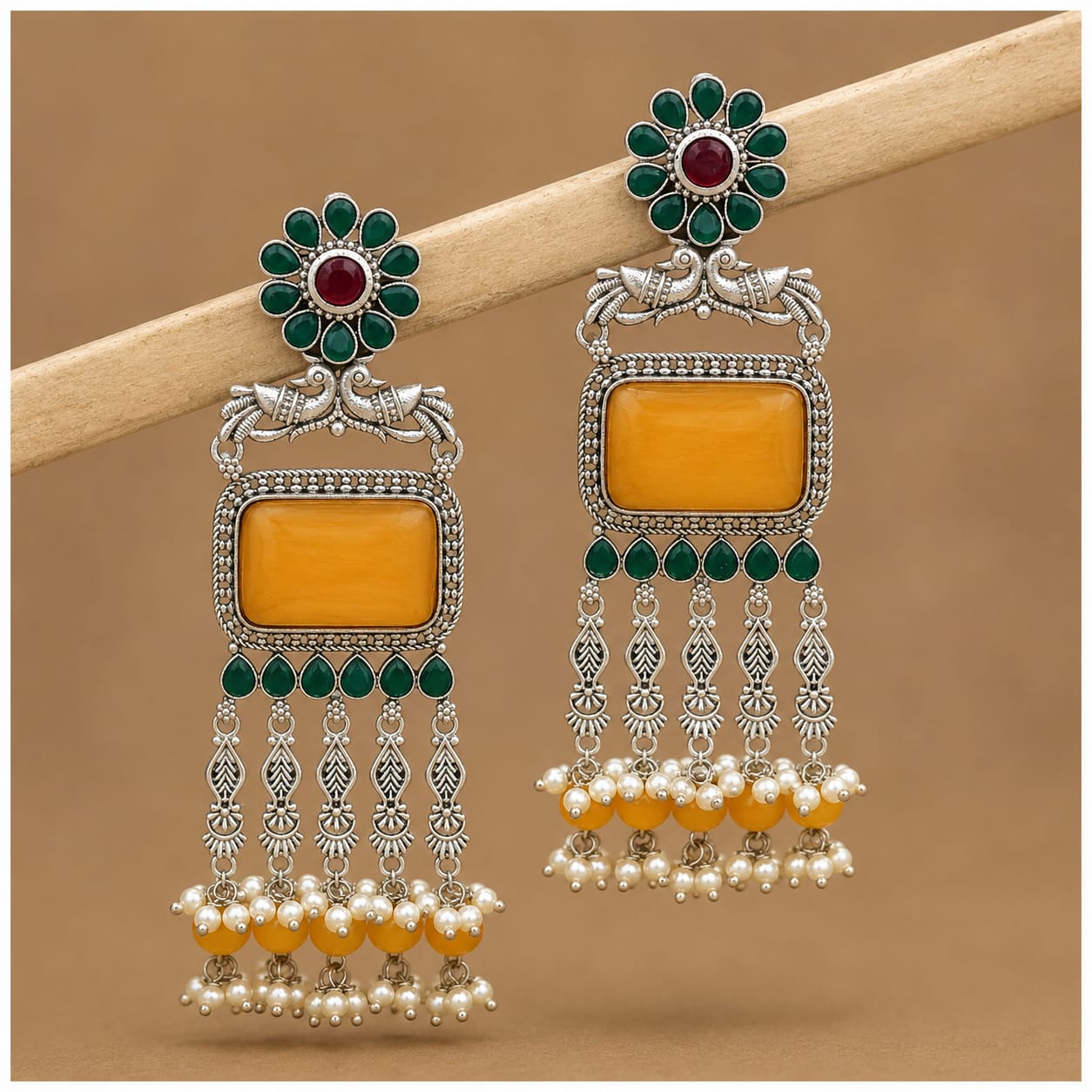 Oxidised Silver Peacock Chandbali with Yellow Onyx & Pearl Drops