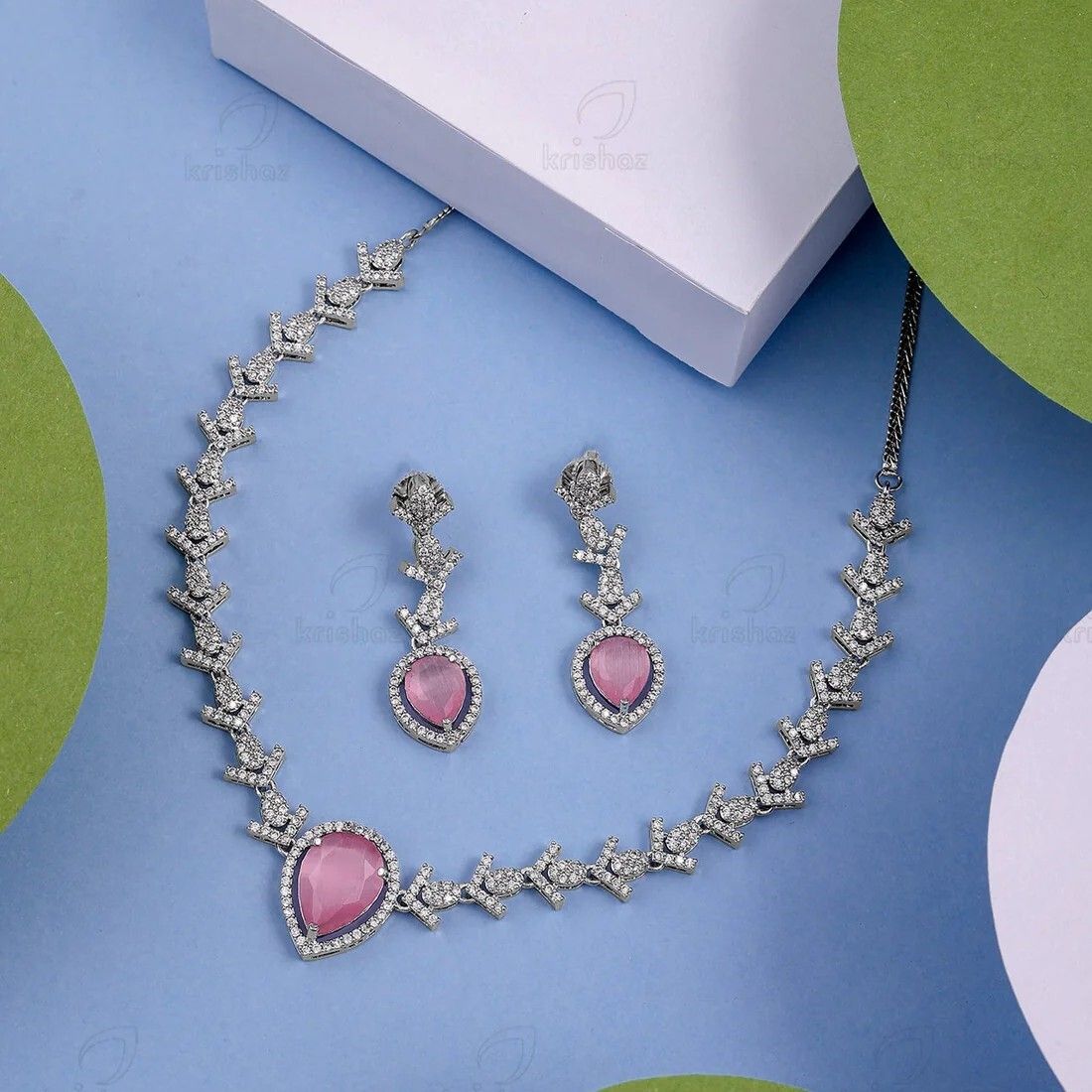 Pink CZ Diamond Teardrop Necklace & Earring Set