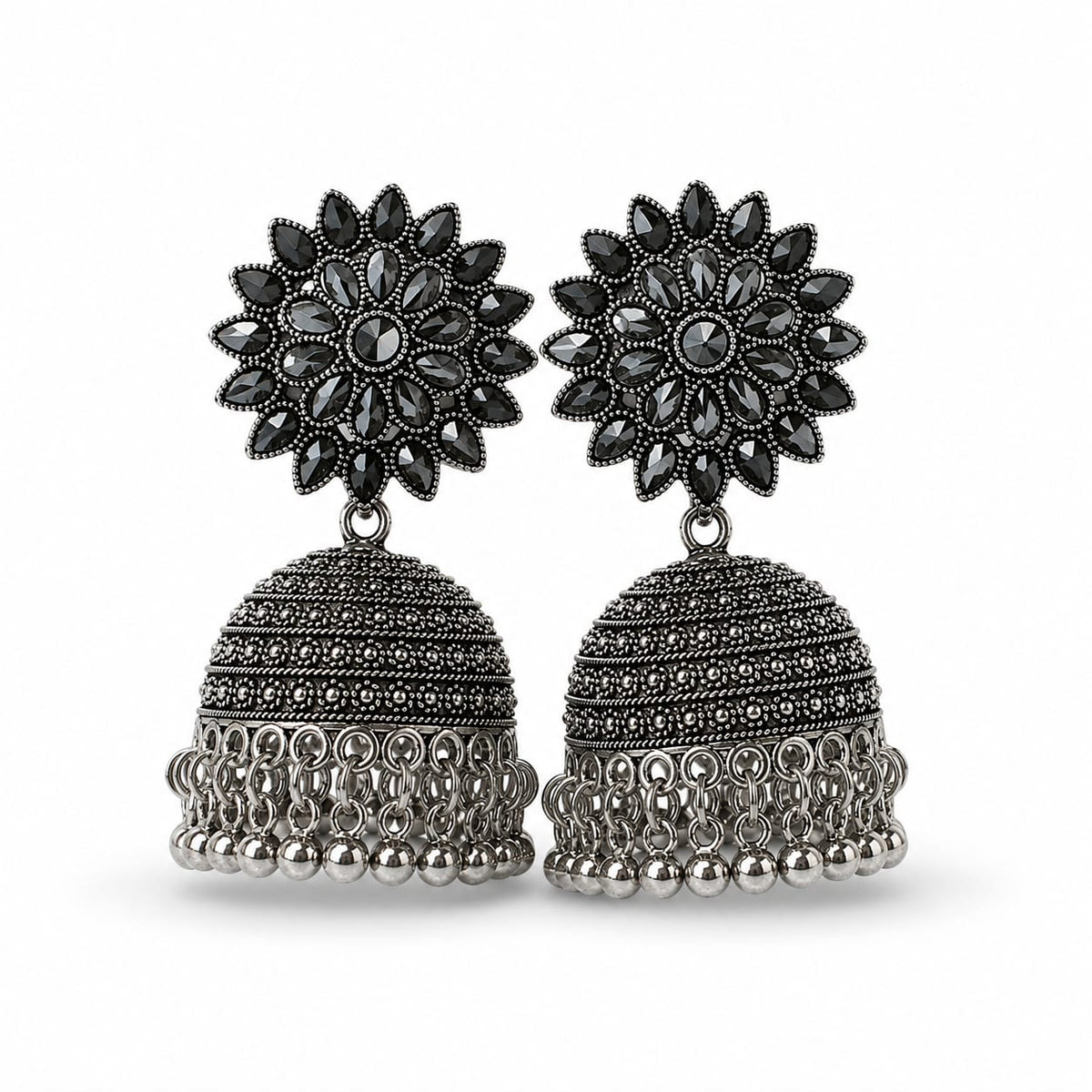 Oxidised Silver Black Crystal Flower Jhumka Earrings