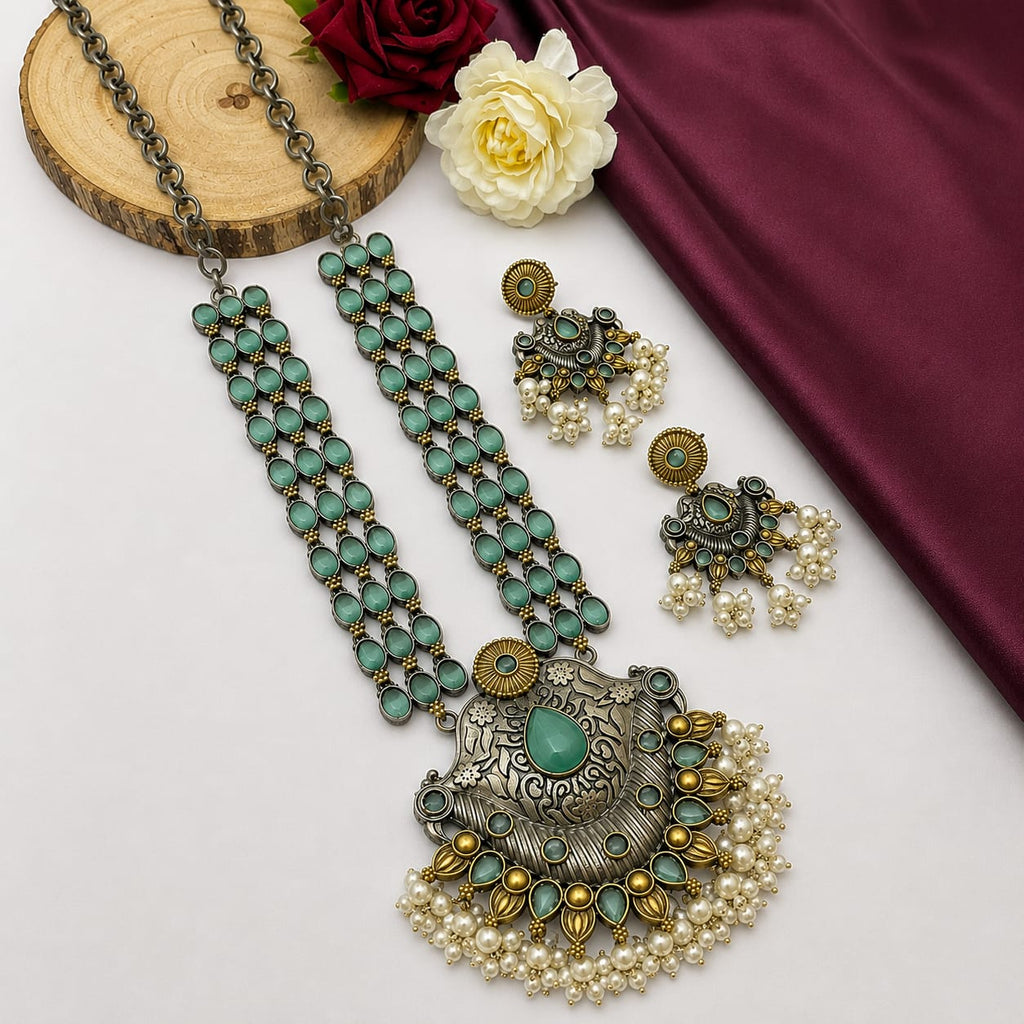 Oxidised Dual Tone Mint Green Stone Long Necklace Set with Jhumka Earrings