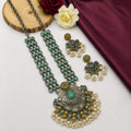 Oxidised Dual Tone Mint Green Stone Long Necklace Set with Jhumka Earrings