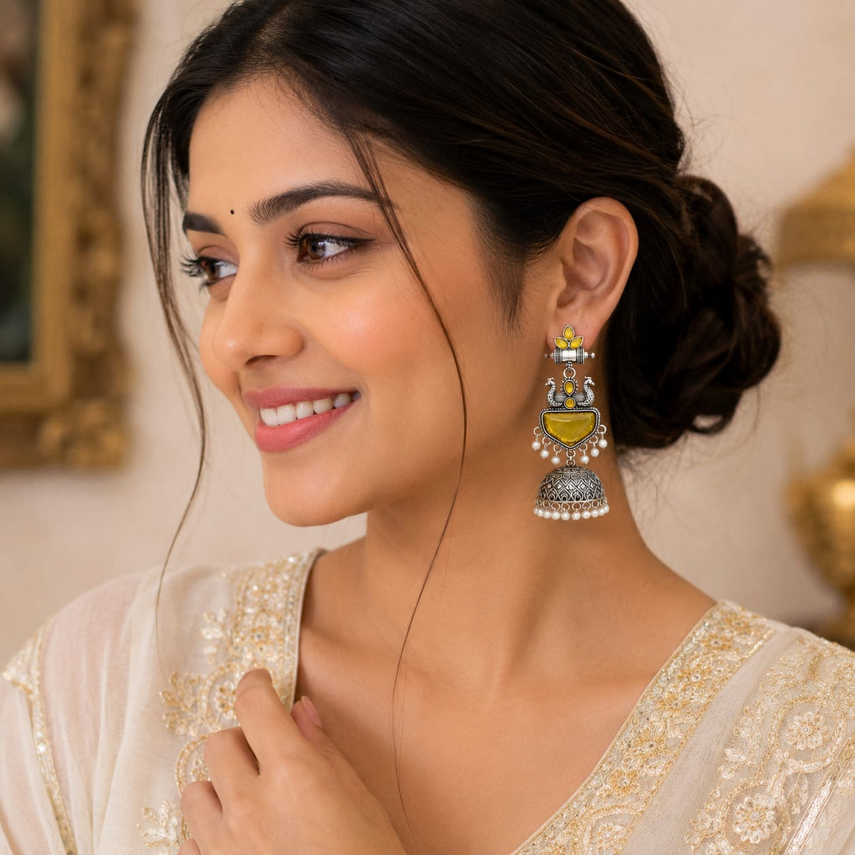 Oxidised Silver Peacock Jhumka with Yellow Citrine Stones & Pearl Drops