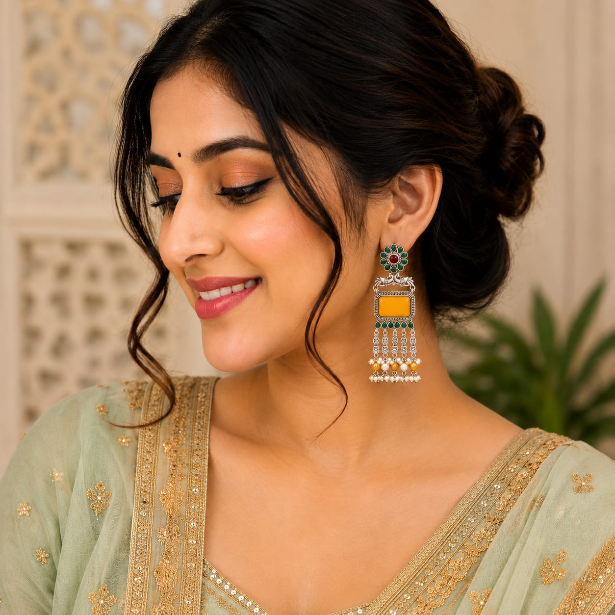 Oxidised Silver Peacock Chandbali with Yellow Onyx & Pearl Drops