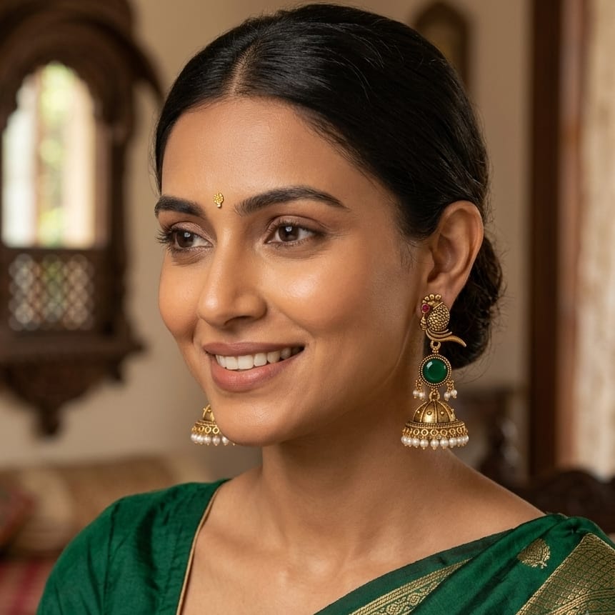 Antique Gold Parrot Jhumka Earrings with Green Stone & Pearl Drops