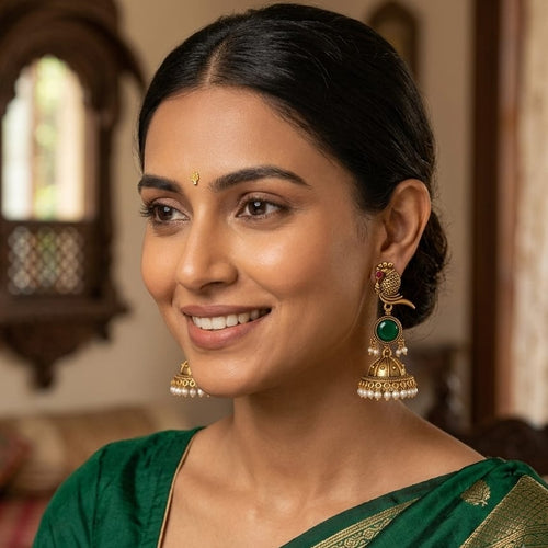 Antique Gold Parrot Jhumka Earrings with Green Stone & Pearl Drops