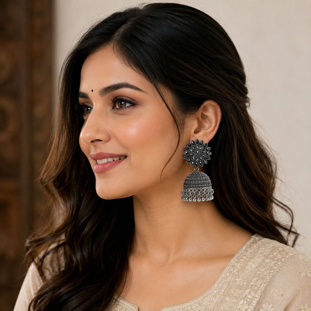 Oxidised Silver Black Crystal Flower Jhumka Earrings