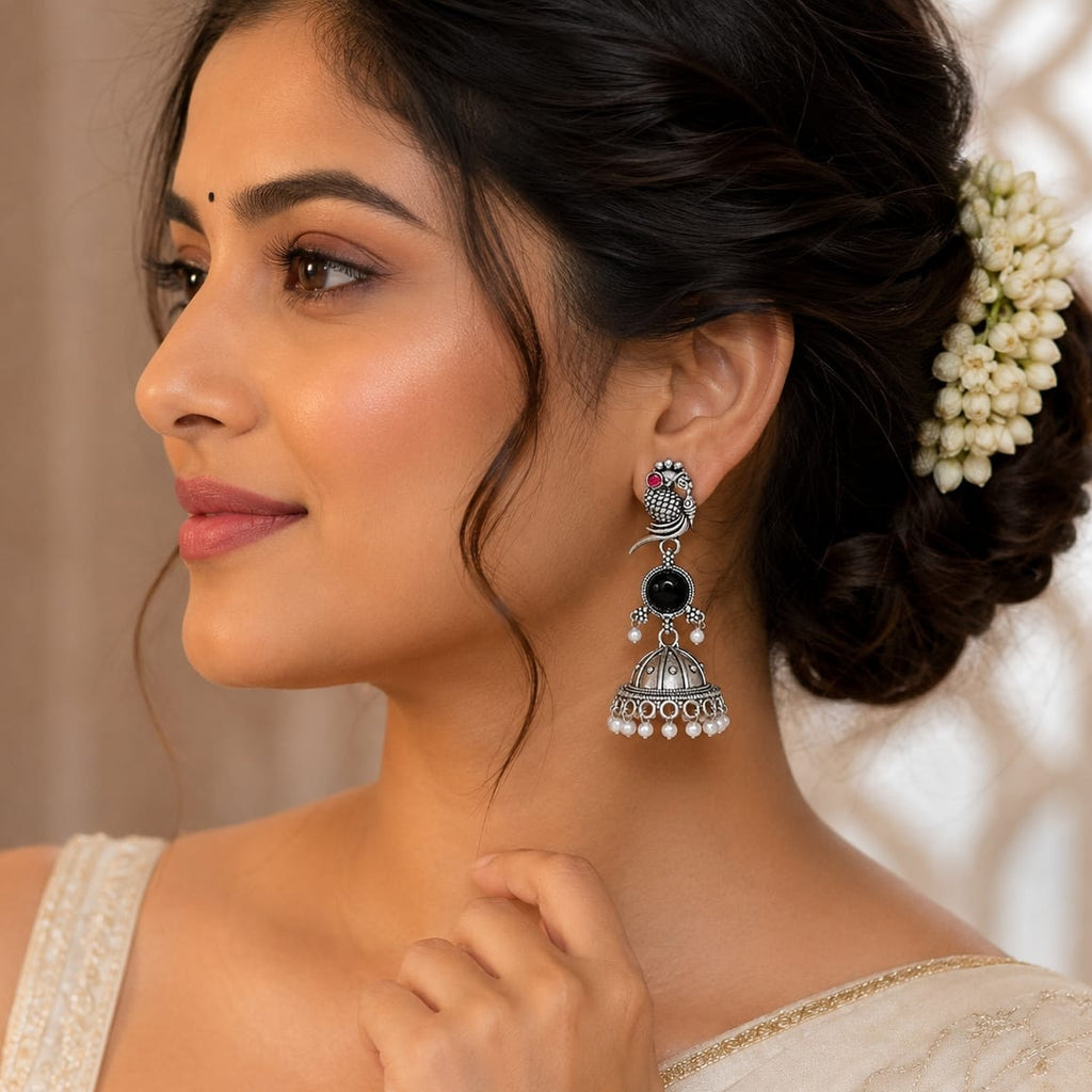 Oxidised Silver Parrot Jhumka Earrings with Black Stone & Pearl Drops