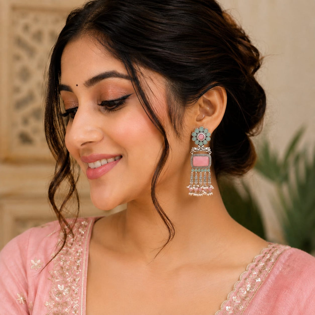 Oxidised Silver Peacock Chandbali with Rose Quartz & Mint Pearl Drops