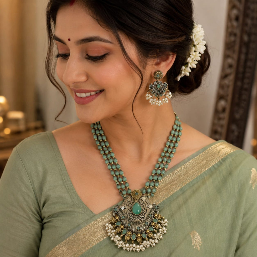 Oxidised Dual Tone Mint Green Stone Long Necklace Set with Jhumka Earrings
