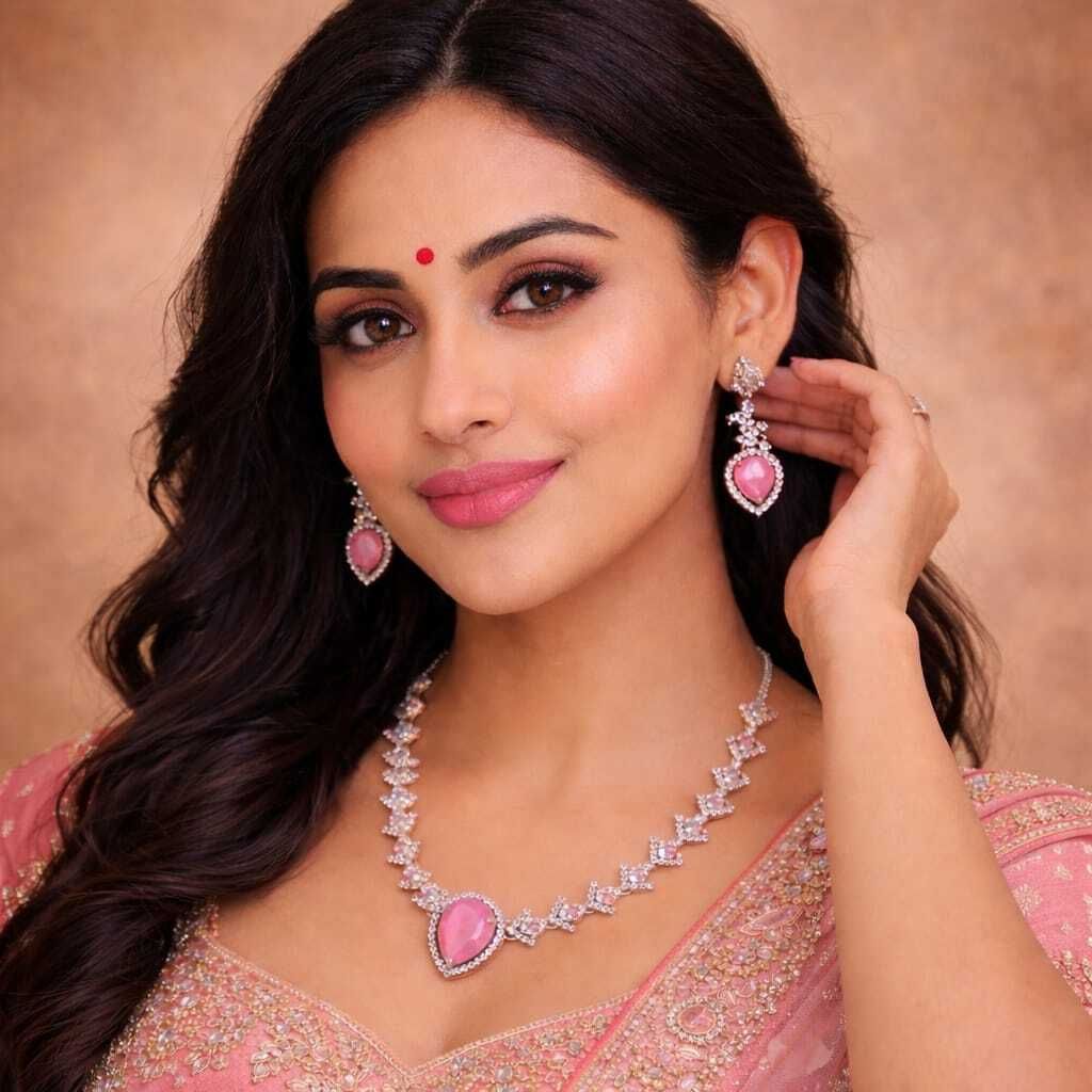Pink CZ Diamond Teardrop Necklace & Earring Set