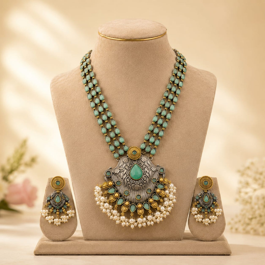 Oxidised Dual Tone Mint Green Stone Long Necklace Set with Jhumka Earrings