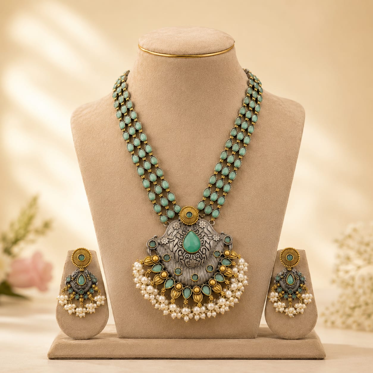 Oxidised Dual Tone Mint Green Stone Long Necklace Set with Jhumka Earrings