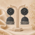 Oxidised Silver Black Crystal Flower Jhumka Earrings