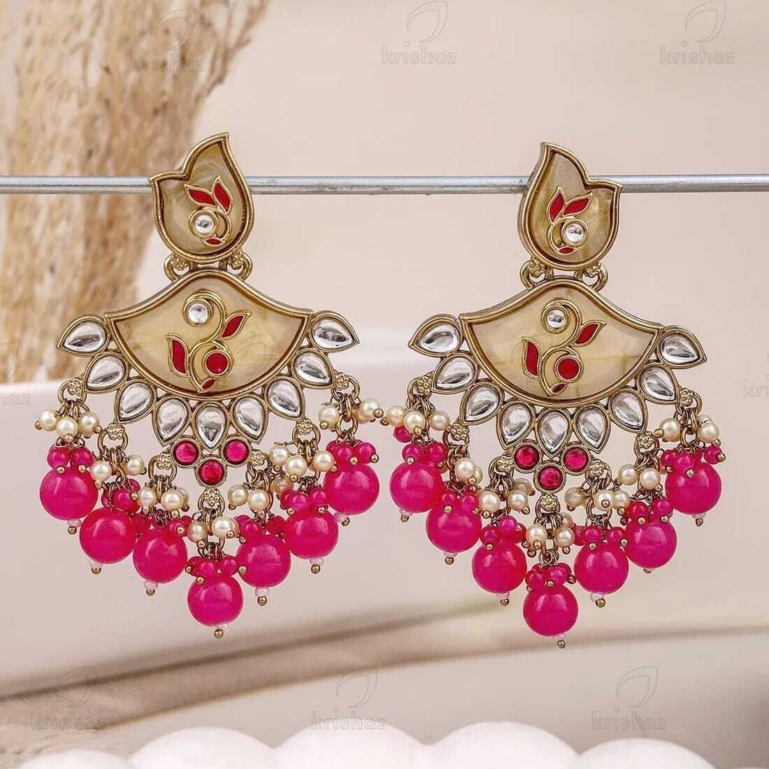 Kundan Chandbali Earrings with Hot Pink Beads & Pearl Drops