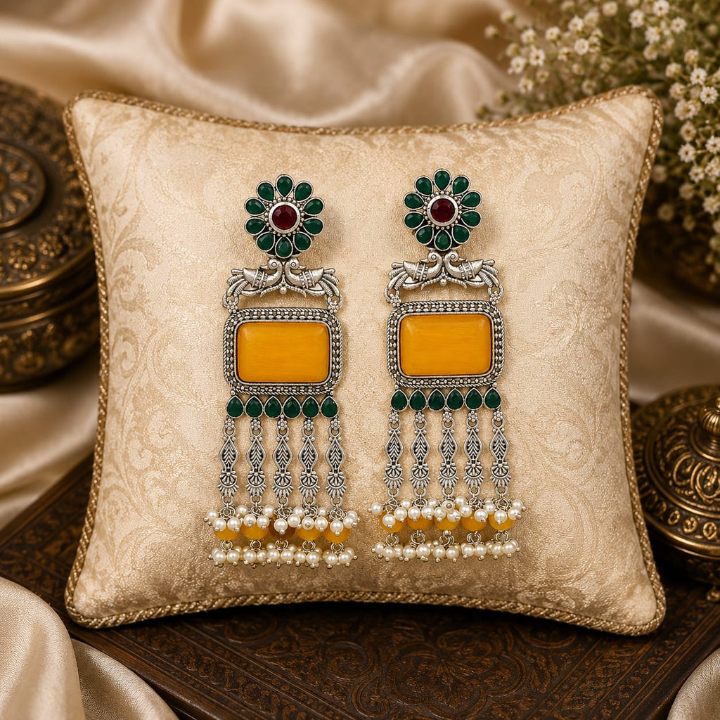 Oxidised Silver Peacock Chandbali with Yellow Onyx & Pearl Drops