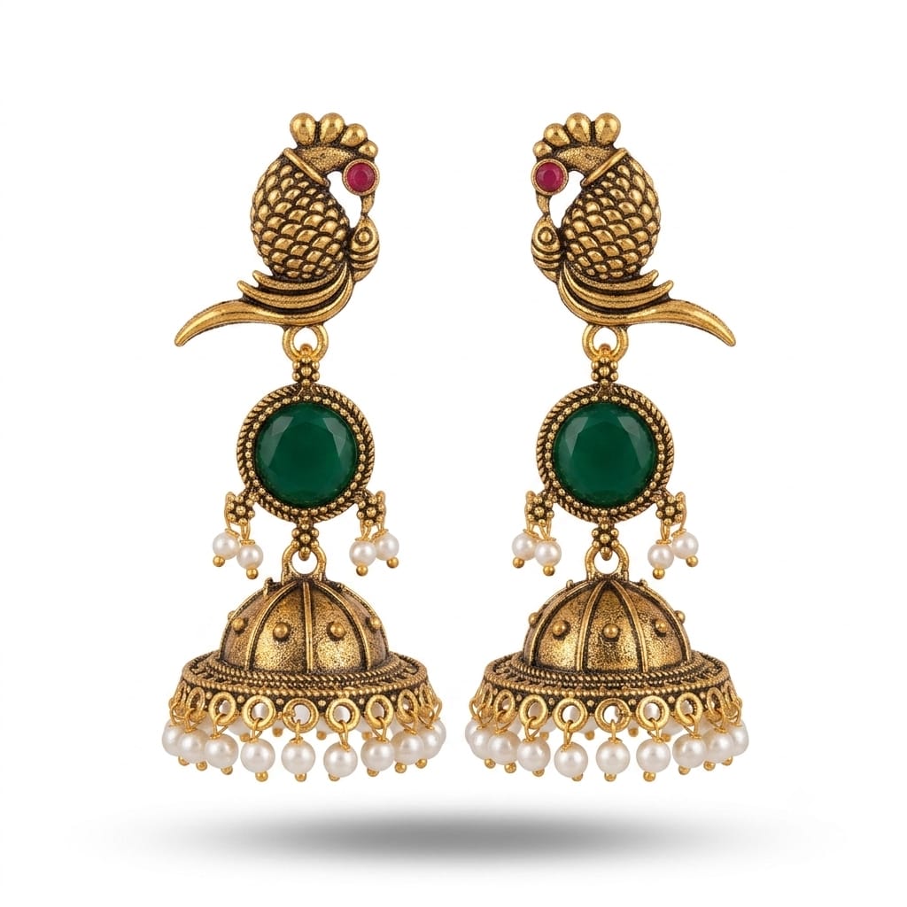 Antique Gold Parrot Jhumka Earrings with Green Stone & Pearl Drops