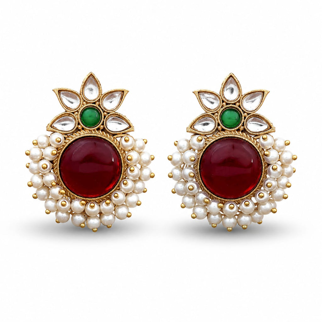 Gold Tone Kundan Stud Earrings with Ruby Centre & Pearl Cluster