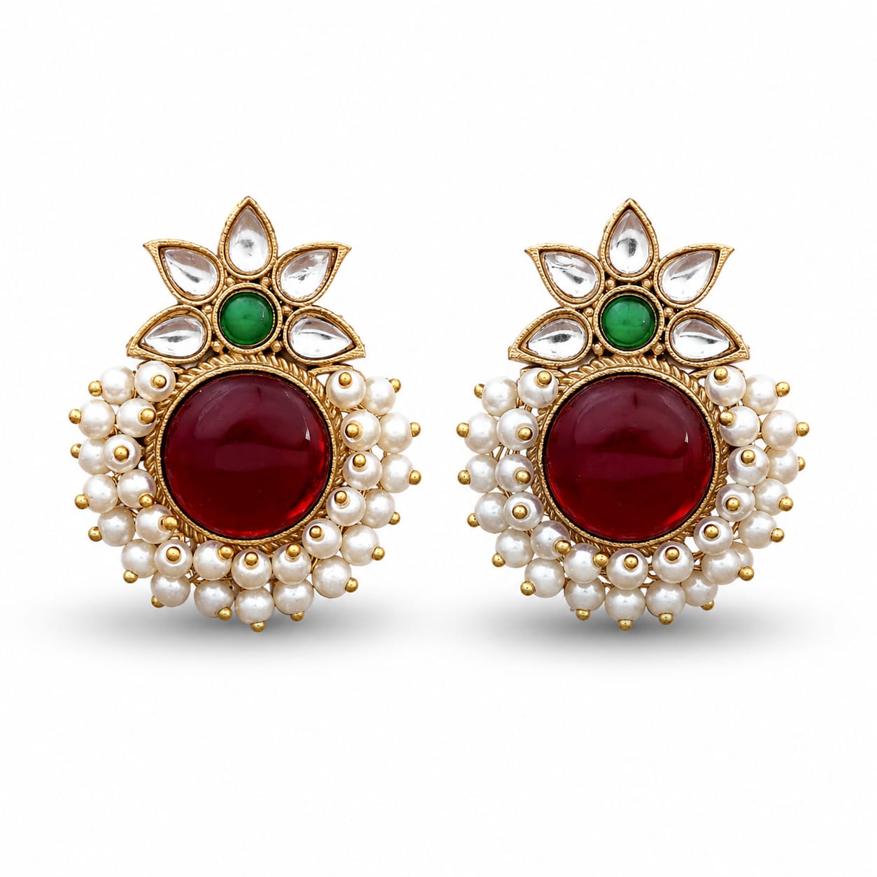 Gold Tone Kundan Stud Earrings with Ruby Centre & Pearl Cluster