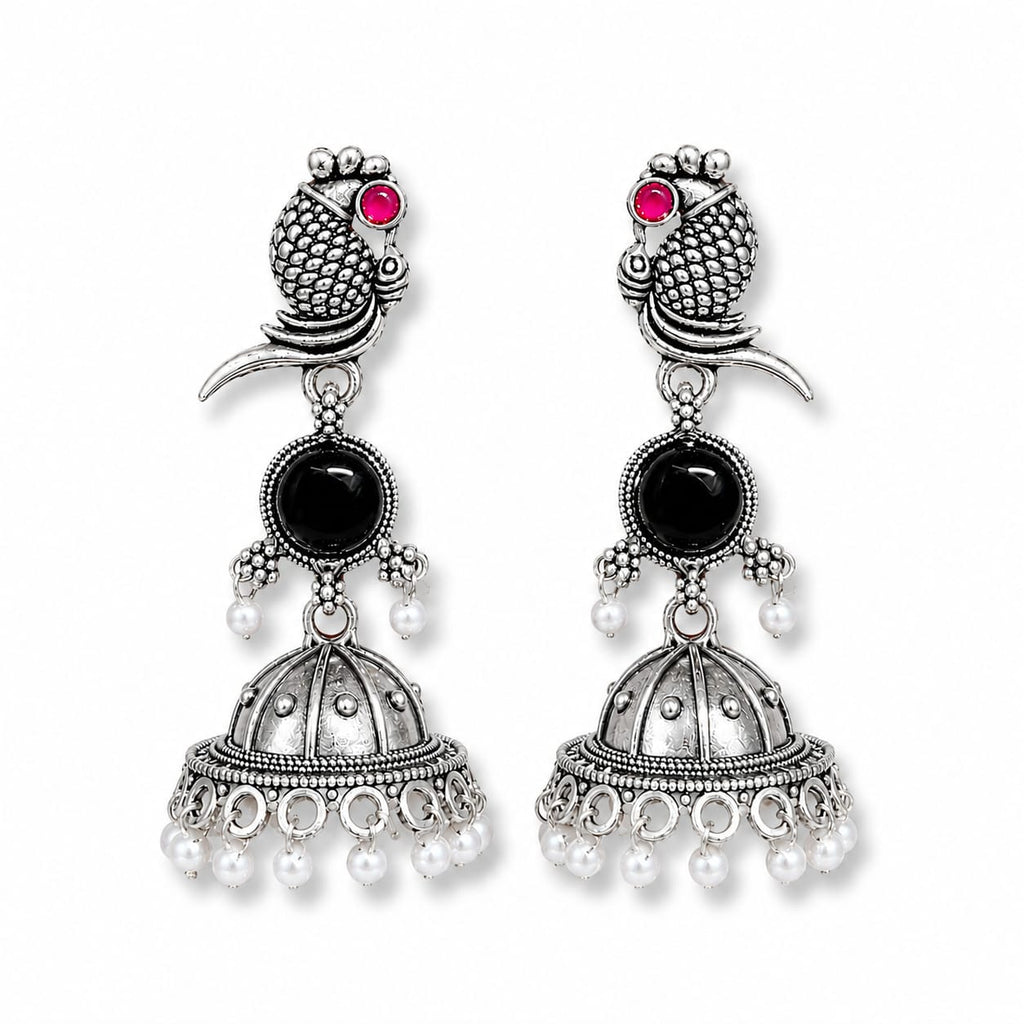 Oxidised Silver Parrot Jhumka Earrings with Black Stone & Pearl Drops