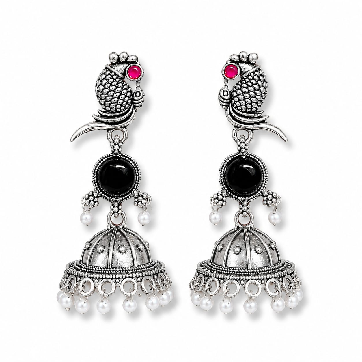 Oxidised Silver Parrot Jhumka Earrings with Black Stone & Pearl Drops