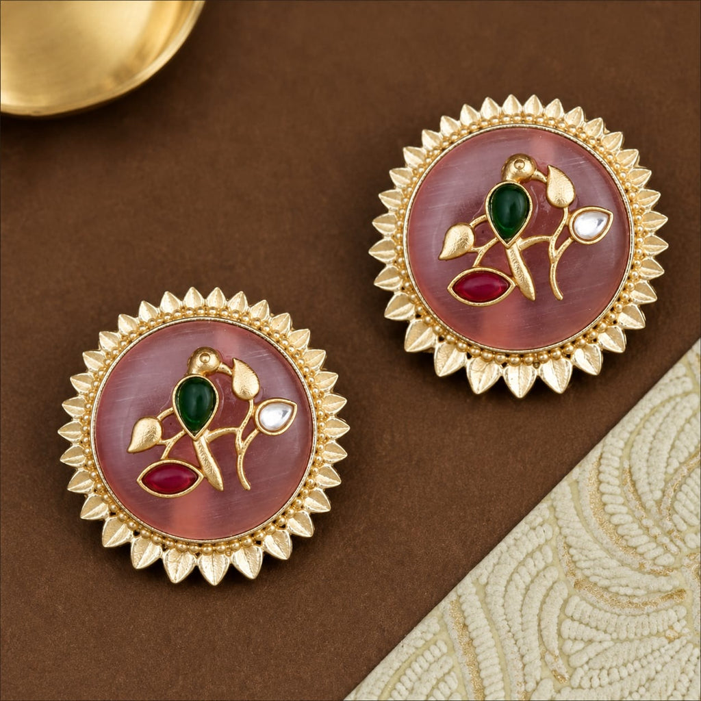 Gold-Tone Floral Bird Stud Earrings with Ruby, Emerald & Kundan Stones