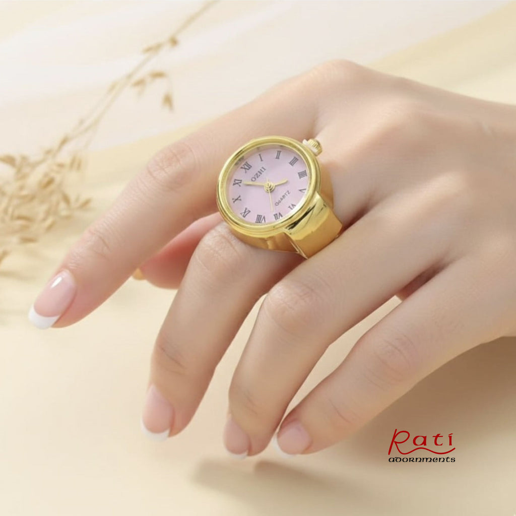 Gold Quartz Ring Watch – Pink Roman Numeral Dial