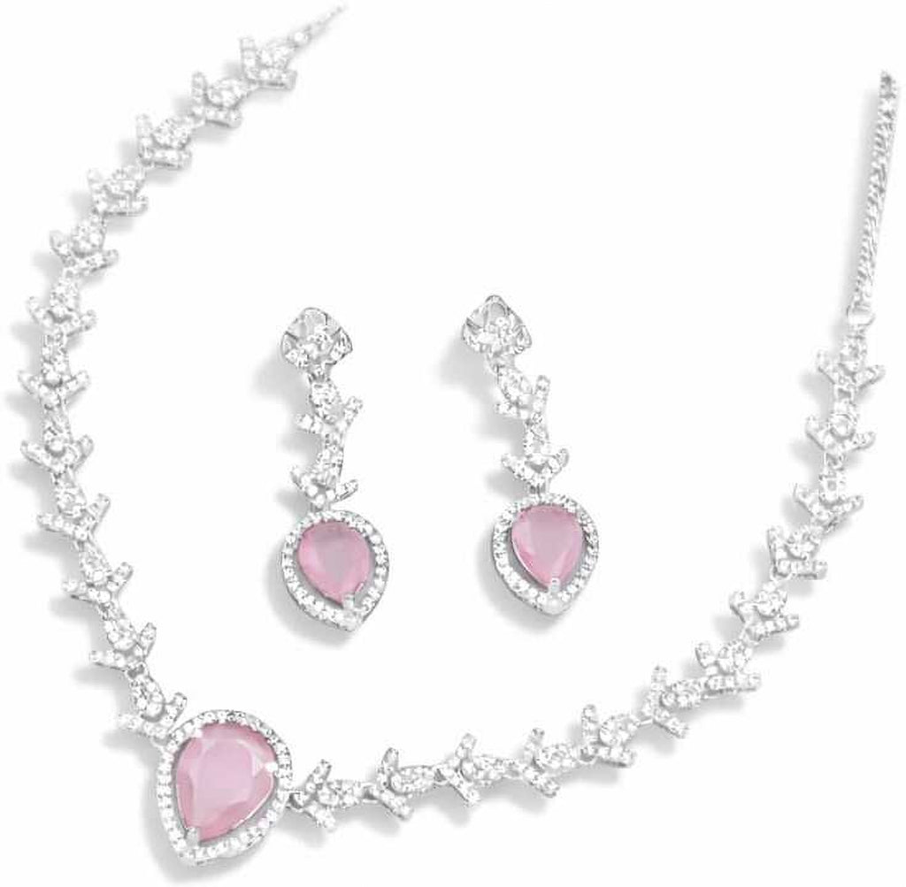 Pink CZ Diamond Teardrop Necklace & Earring Set