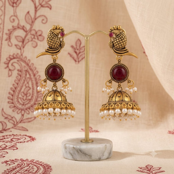 Antique Gold Parrot Jhumka Earrings with Ruby Red Stone & Pearl Drops