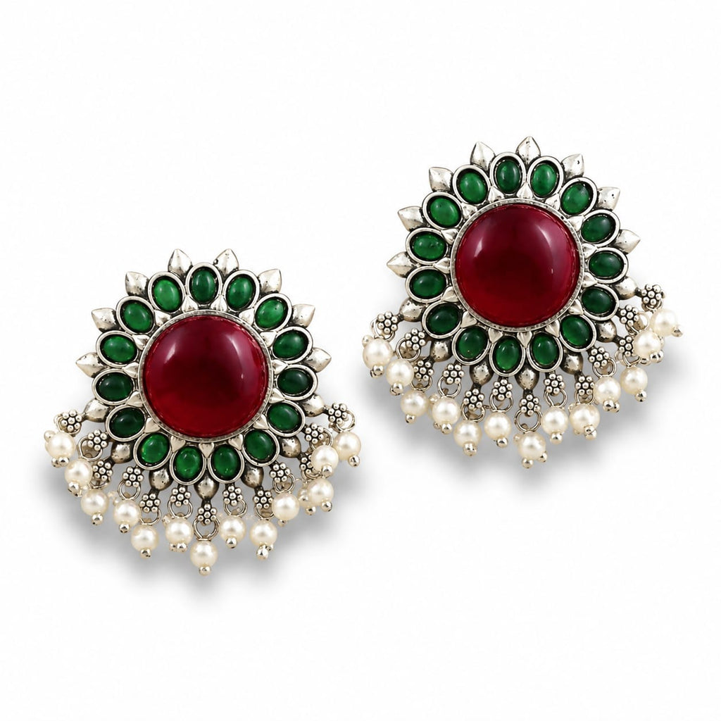 Oxidised Silver Floral Stud Earrings with Ruby, Emerald & Pearl Drops