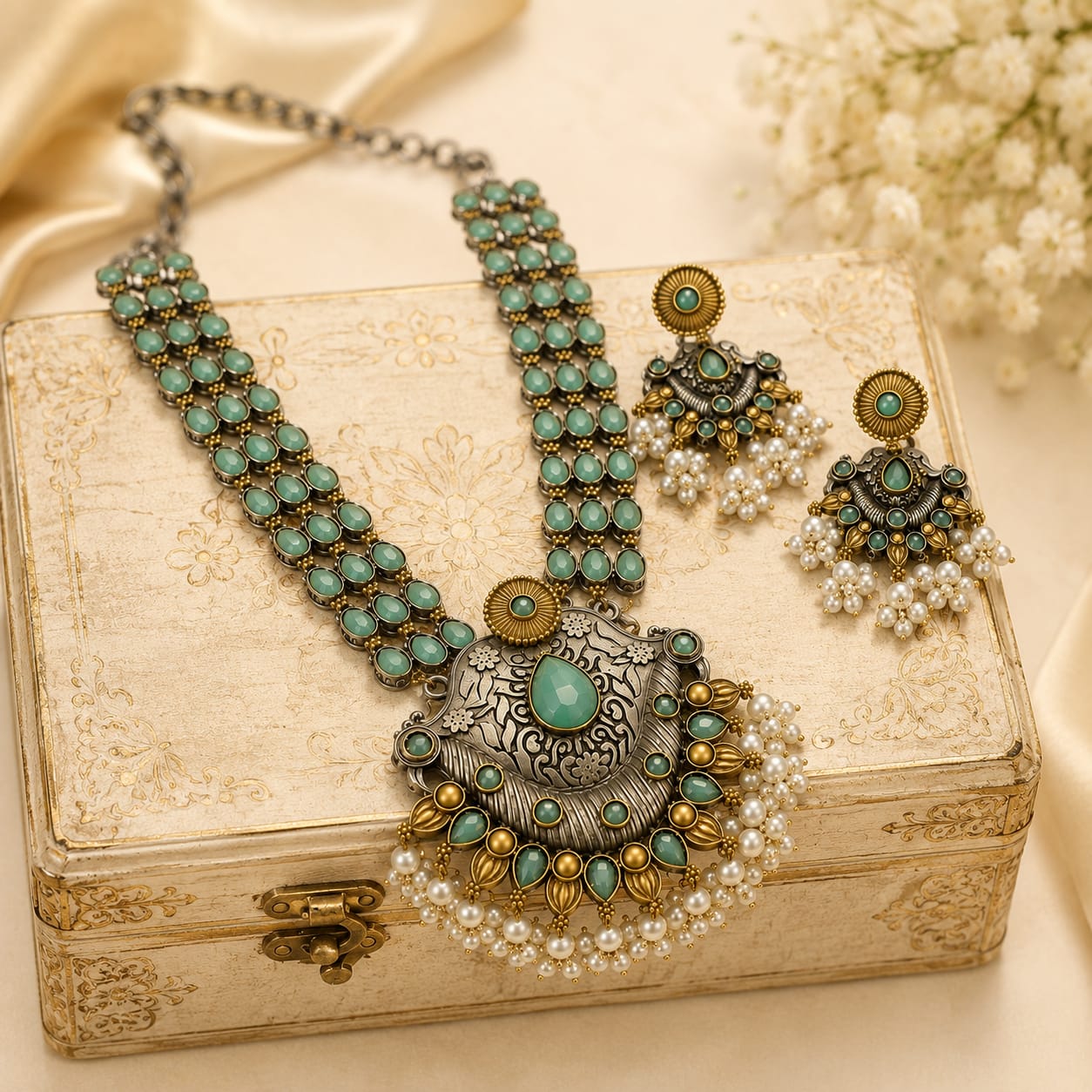 Oxidised Dual Tone Mint Green Stone Long Necklace Set with Jhumka Earrings