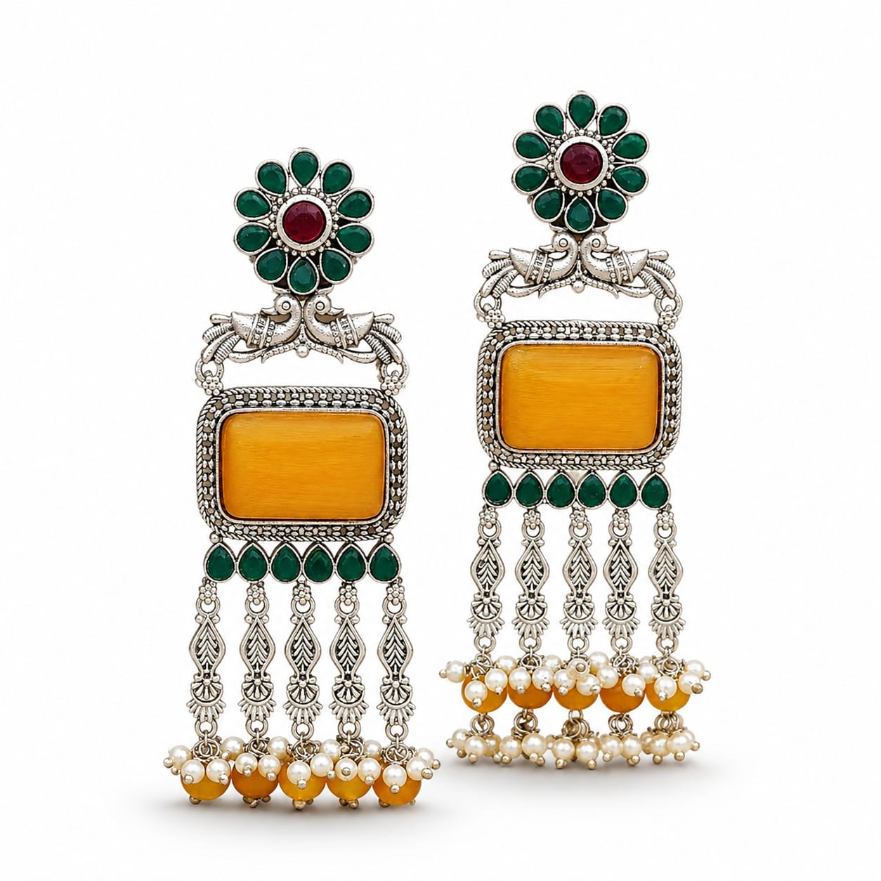 Oxidised Silver Peacock Chandbali with Yellow Onyx & Pearl Drops
