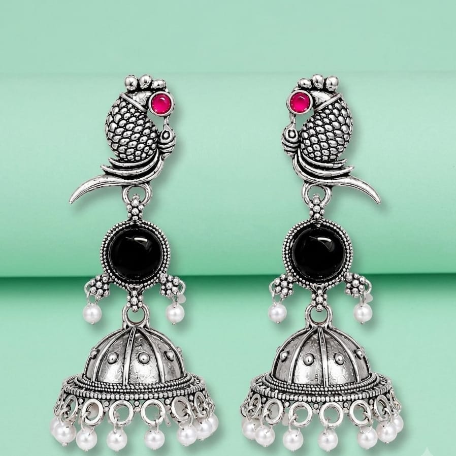 Oxidised Silver Parrot Jhumka Earrings with Black Stone & Pearl Drops