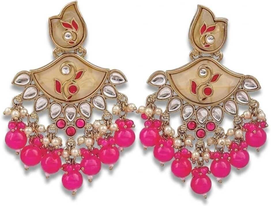 Kundan Chandbali Earrings with Hot Pink Beads & Pearl Drops